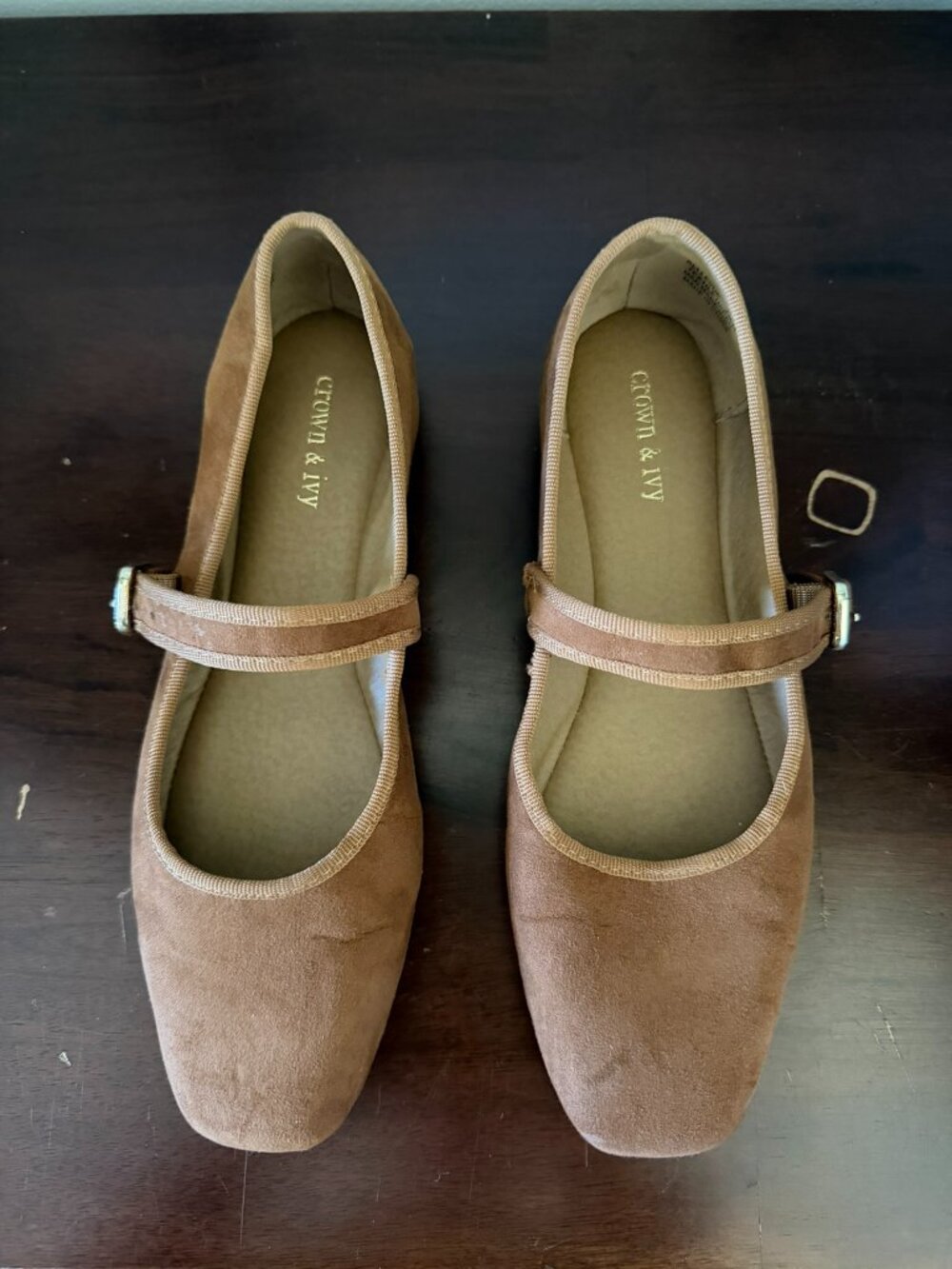 Crown & Ivy Faux Suede Tan Square Toe Mary Jane Shoes Size 7.5